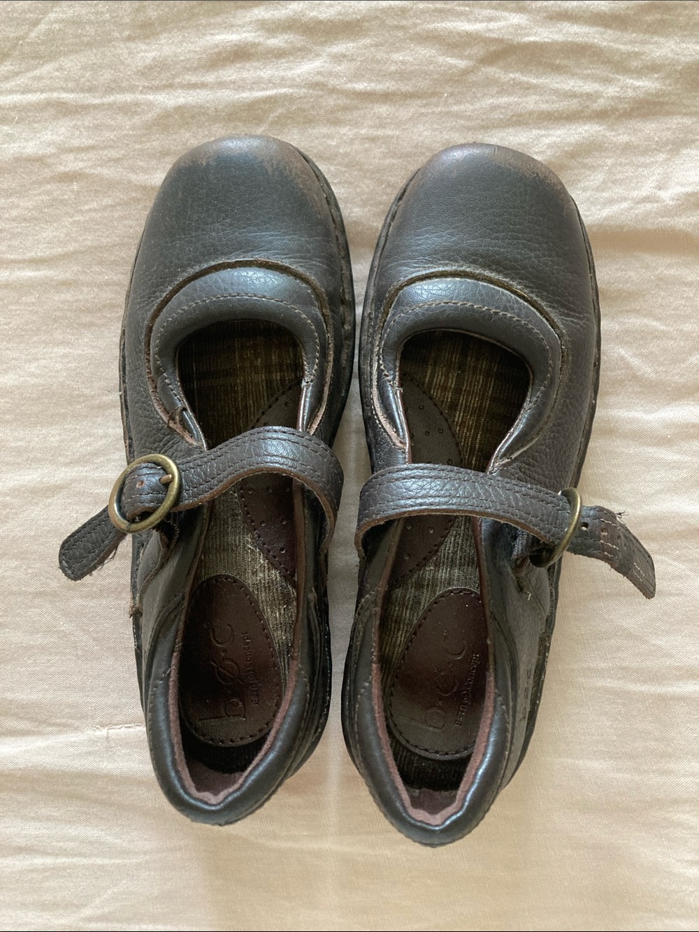 b.o.c. Brown Leather Mary Jane Shoes with Floral Tread